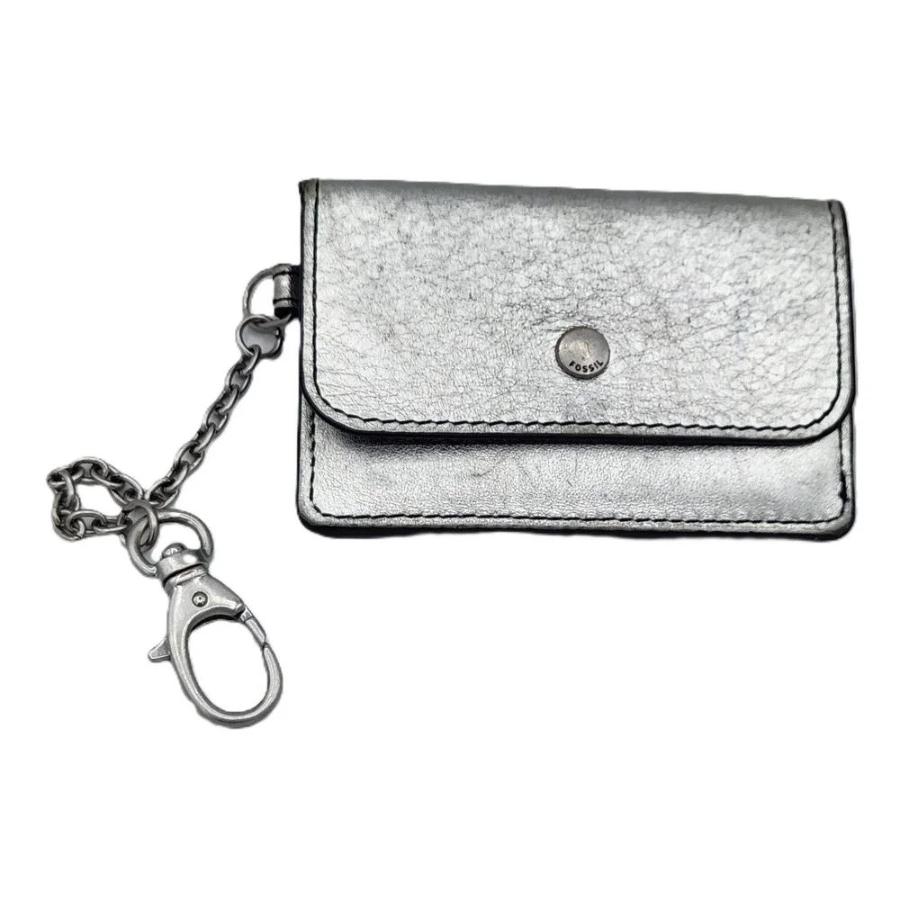 Fossil Valerie Leather‎ Card Case Silver Metallic Keychain Clip